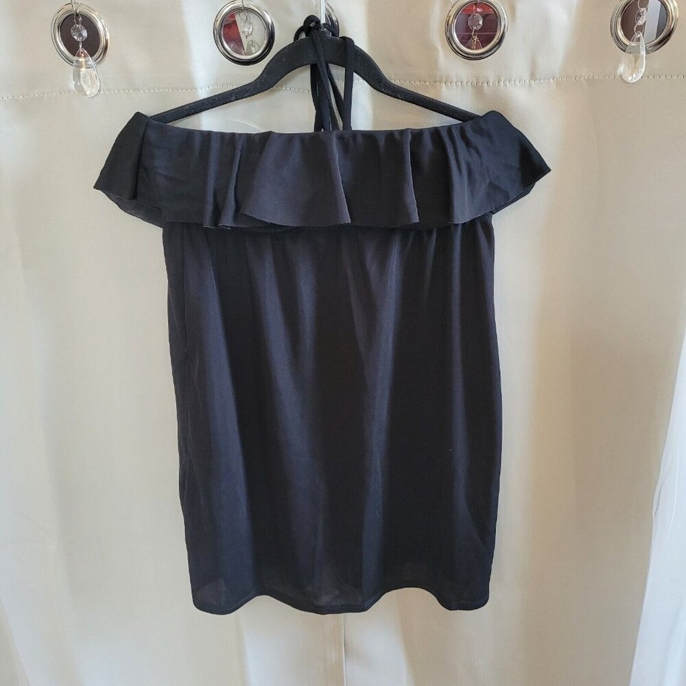 Vtg Lauren Ralph Lauren Womens Top Black Medium Classic‎ Tie Neck Ruffle 16561x